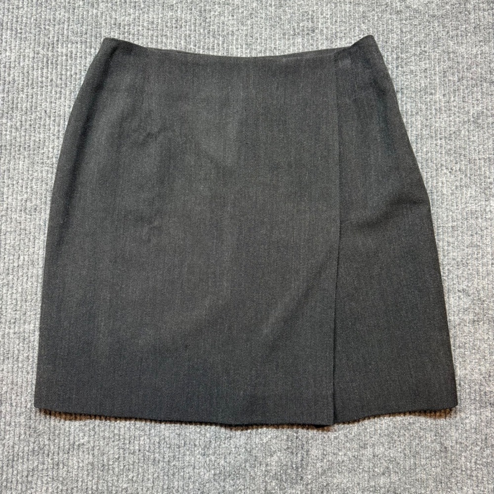 Lauren Ralph Lauren 100% Wool Mini Skirt Size 14 Charcoal Gray Front Slit Career